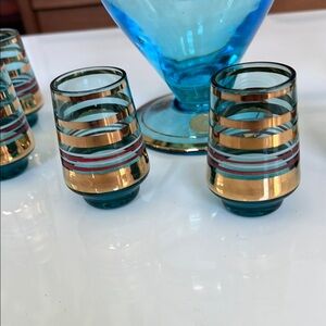 Mid Century Modern Blue and Gold Glass  Decanter Set with 6 glasses